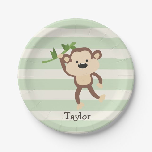 Monkey on Pastel Green Stripes Paper Plate (Front)