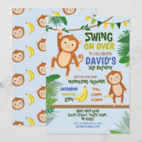Monkey Party Birthday Swing Over Blue Invitation