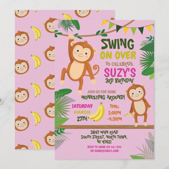 Monkey Party Birthday Swing Over Girl Pink Invitation (Front/Back)