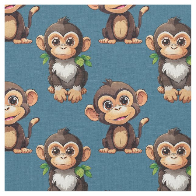 Monkey Pattern Design Blue  Fabric (Close Up)