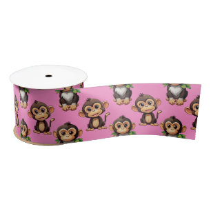 Monkey Pattern Design Pink  Satin Ribbon