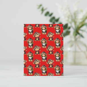 Monkey Pattern Design Red Postcard