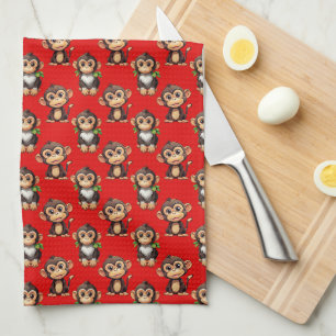 Monkey Pattern Design Red Tea Towel
