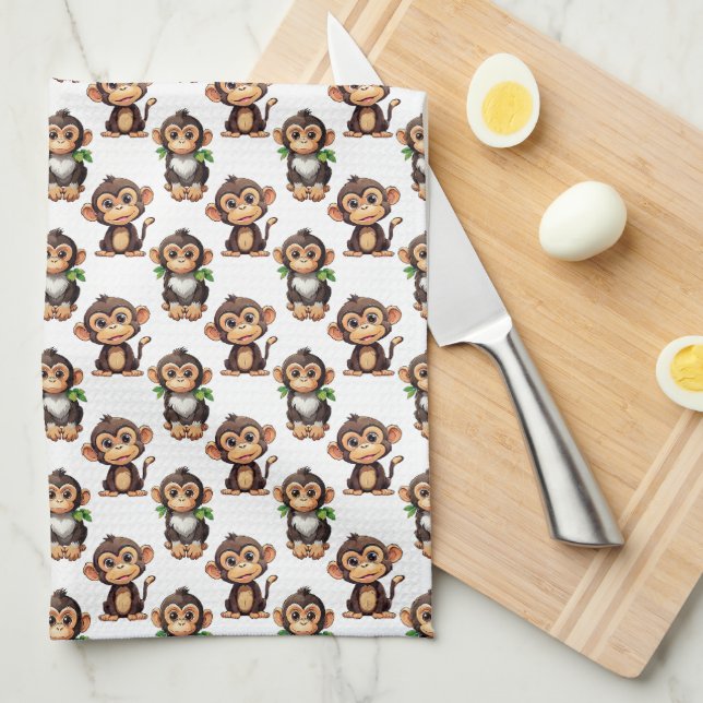 Monkey Pattern Design White  Tea Towel (Quarter Fold)