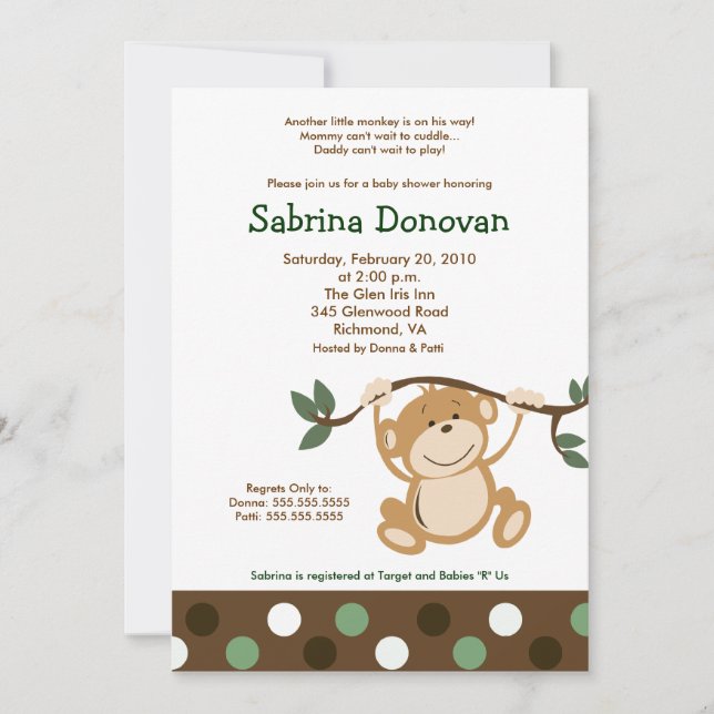 MONKEY PLAY 5x7 Brown/Green Baby Shower Invitation (Front)