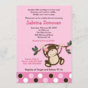 MONKEY PLAY 5x7 PINK GIRL BABY SHOWER Invitation