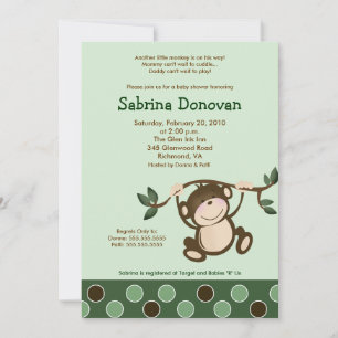 Monkey Play in Green baby shower Invite 5 x7