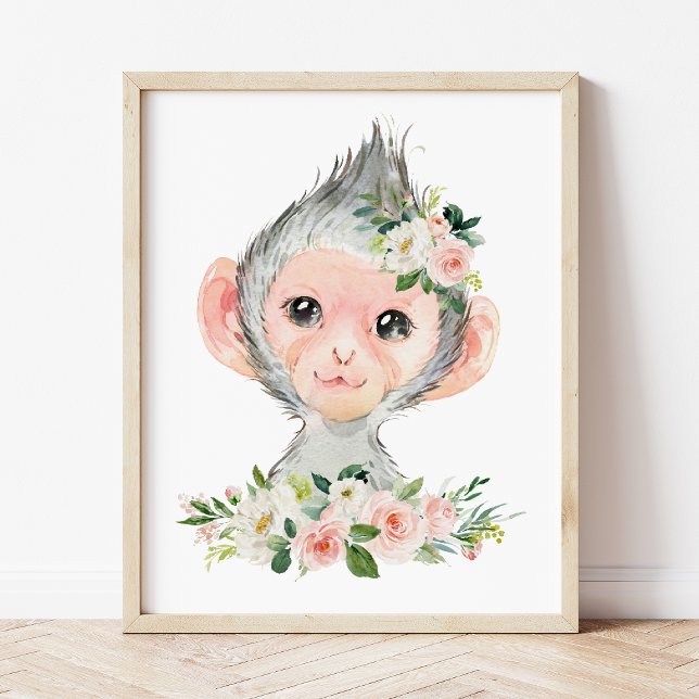 Monkey, Safari, Jungle, Pink Flowers, Girl Nursery Photo Print (Creator Uploaded)