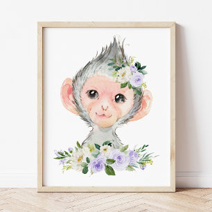 Monkey, Safari, Purple Flowers, Gender Neutral Photo Print