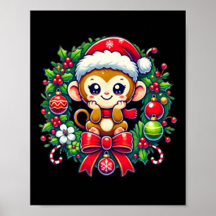Monkey Santa Hat Christmas Xmas Poster