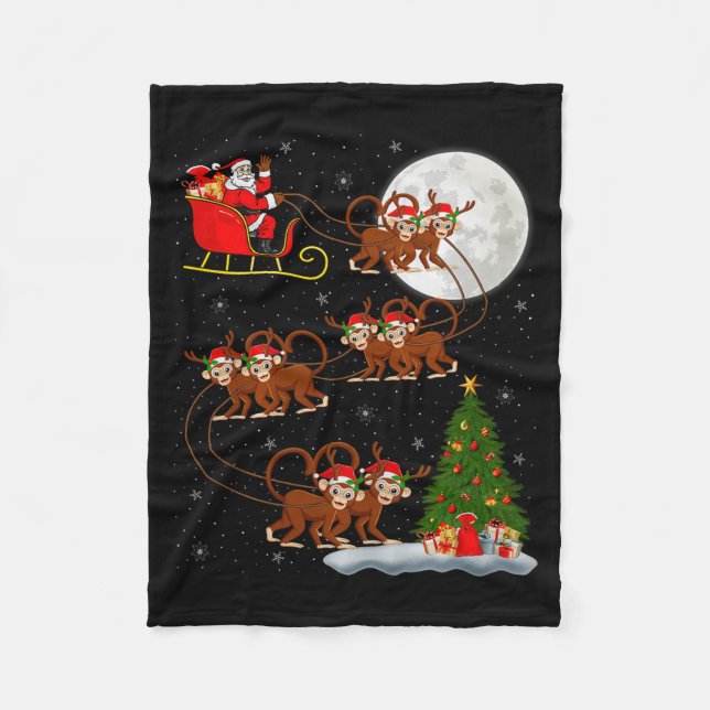 Monkey Santa Sleigh Flying Funny Magical Christmas Fleece Blanket (Front)