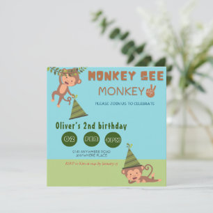 Monkey see monkey two gender neutral birthday  invitation