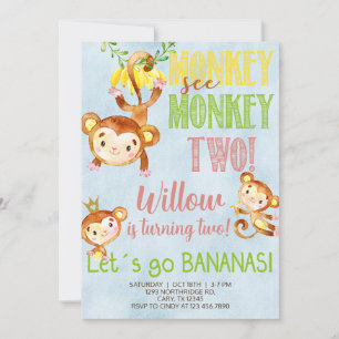Monkey see monkey two girl birthday invite. invitation