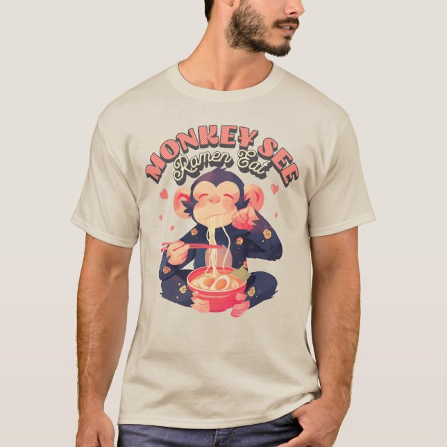Monkey See Ramen Eat cute retro funny monkey T-Shirt (Front)