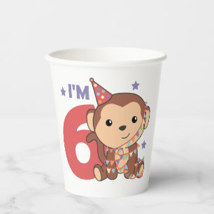 Monkey Sixth Birthday Kids 6 Years Old Paper Cups