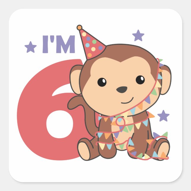 Monkey Sixth Birthday Kids 6 Years Old Square Stic Square Sticker (Front)