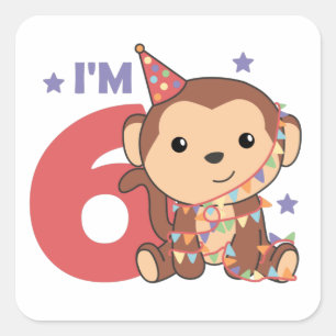 Monkey Sixth Birthday Kids 6 Years Old Square Stic Sticker
