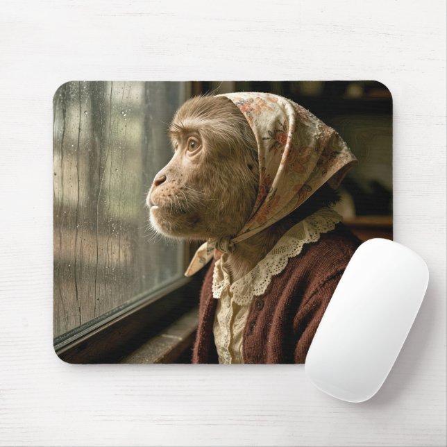 Monkey Staring Out at the Rain Mouse Mat (With Mouse)