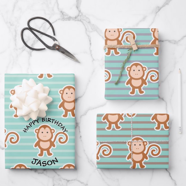 Monkey Stripes Happy Birthday Wrapping Paper Sheet (Front)