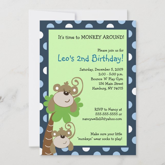 Monkey Time 5x7 Palm Tree Jungle Birthday Invite (Front)