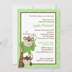 Monkey Time 5x7 TWINS Jungle Baby Shower Invitation