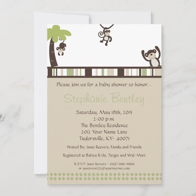 Monkey Time Mod Monkey 5x7 Baby Shower Invitation (Front)