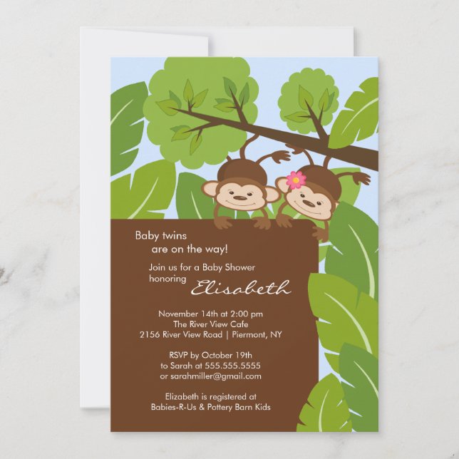 Monkey Twins Baby Shower Invitation Boy Girl (Front)
