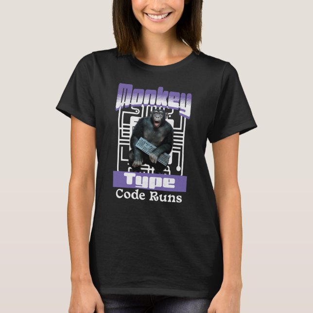 Monkey Typing Code Runs Programmer Humour T-Shirt (Front)