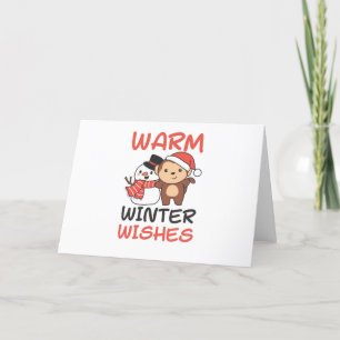 Monkey Warm Winter Wishes Snowman Holiday Card