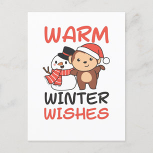 Monkey Warm Winter Wishes Snowman Holiday Postcard