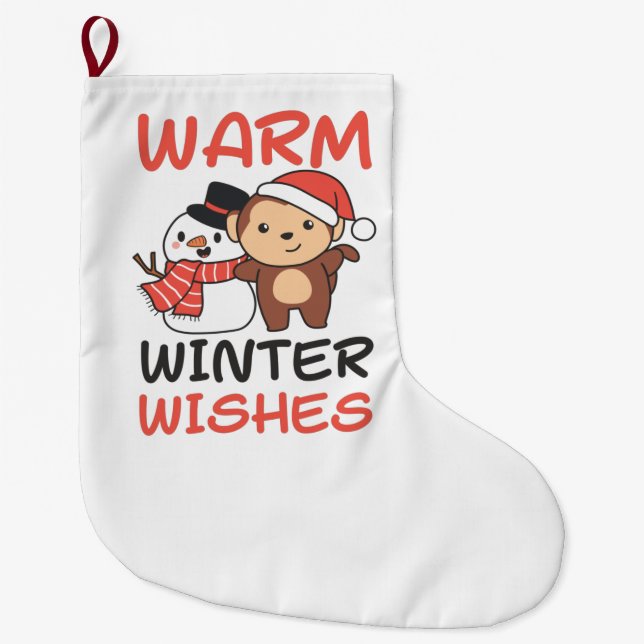 Monkey Warm Winter Wishes Snowman Large Christmas Stocking (Front)