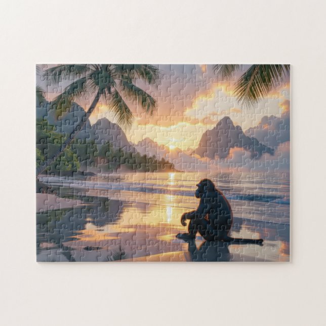 Monkey watching sunset on at the Beach Jigsaw Puzzle (Horizontal)