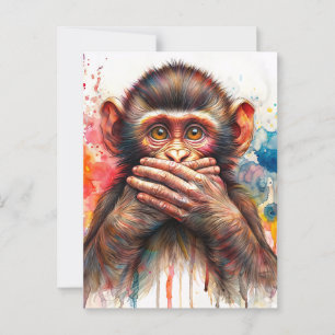 Monkey Watercolor Speak No Evil Art Postcard