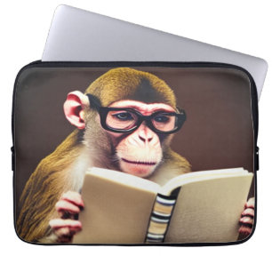 Monkey wearing glasses reading a book, realistic laptop sleeve