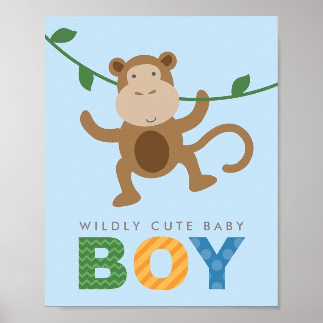 Monkey Wildly Cute Baby Boy | Blue Nursery Poster (Front)