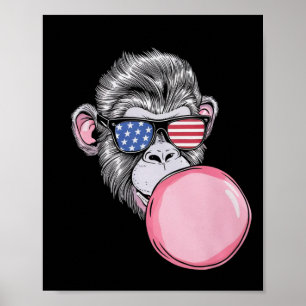 Monkey With American Flag Sungles 4th Of July Gift Poster