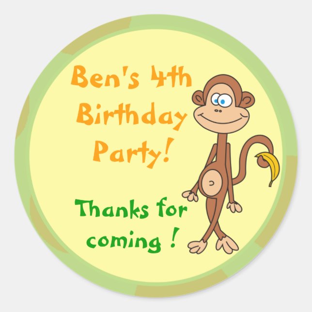 Monkey with Banana Birthday Party Stickers (Front)