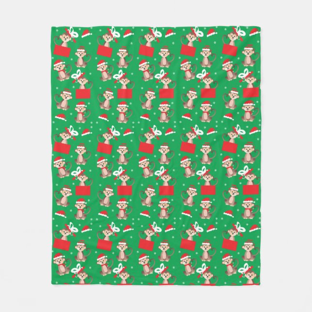 Monkey With Santa Hat Pattern Christmas Present Fleece Blanket (Front)