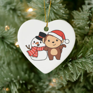 Monkey With Snowman In Winter For Christmas Cerami Ceramic Tree Decoration