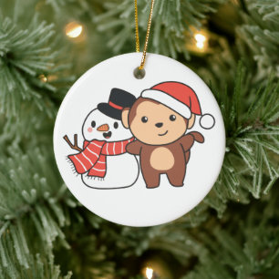 Monkey With Snowman In Winter For Christmas Cerami Ceramic Tree Decoration