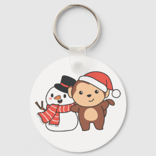 Monkey With Snowman In Winter For Christmas Keycha Key Ring
