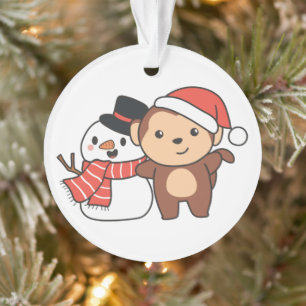 Monkey With Snowman In Winter For Christmas Ornament