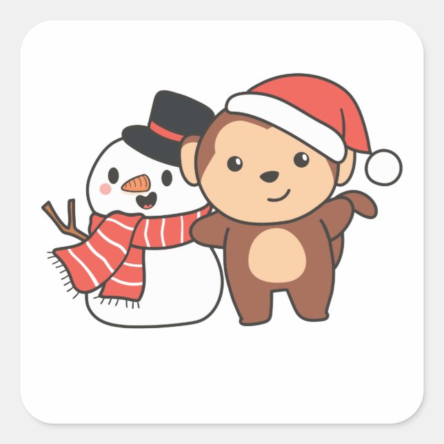 Monkey With Snowman In Winter For Christmas Square Sticker (Front)