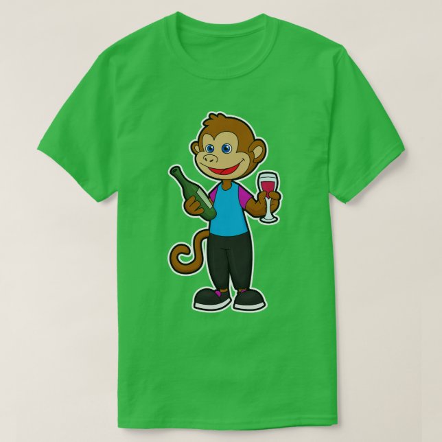 Monkey with Wine glass Wine bottle T-Shirt (Design Front)