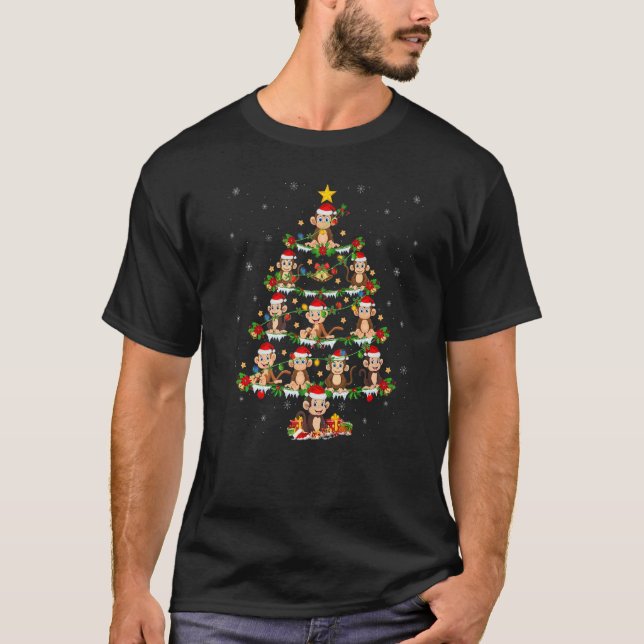 Monkey  Xmas Lights Monkey Christmas Tree T-Shirt (Front)