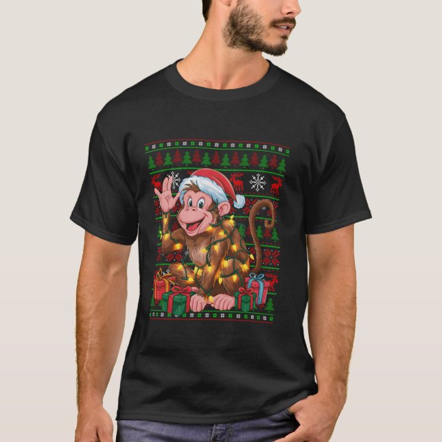 Monkey Xmas Lights Ugly Santa Hat Monkey Christmas T-Shirt (Front)