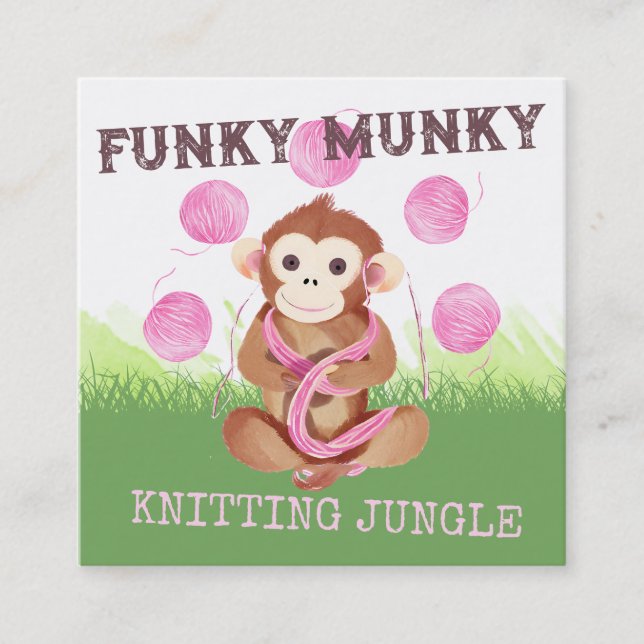 Monkey yarn knitting crochet homespun packaging square business card (Front)