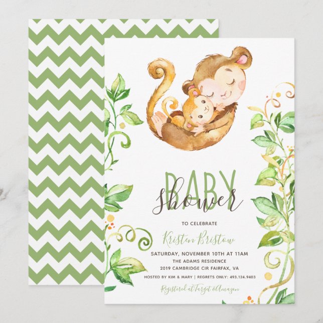 Monkey Zoo Animal Green Baby Shower Invitation (Front/Back)