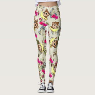 Monkeys Bananas Pink Hearts Floral Leggings