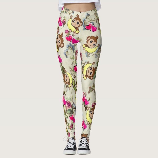 Monkeys Bananas Pink Hearts Floral Leggings (Front)